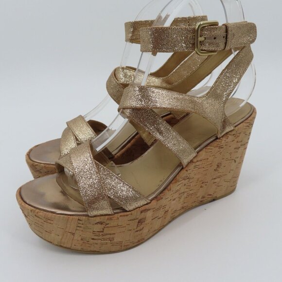 Stuart Weitzman Women 9M Gold Glitter Cork Platform Wedge Sandals Strappy Shoes - Picture 12 of 13